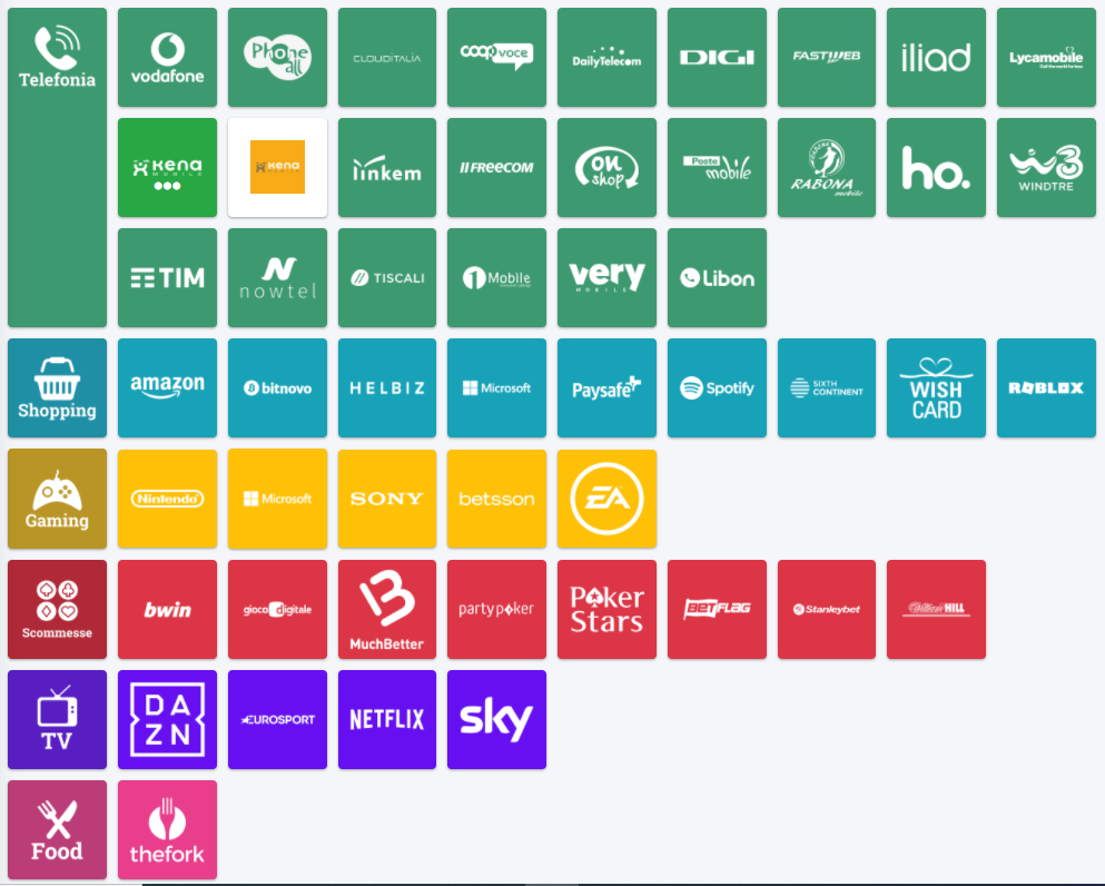 ricariche telefoniche gaming shopping tv